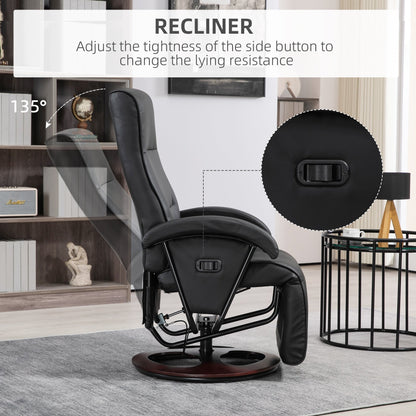 Fauteuil inclinable pivotant en similicuir avec dossier réglable à 135°, repose-pieds et base en bois pour une détente optimale au salon.
