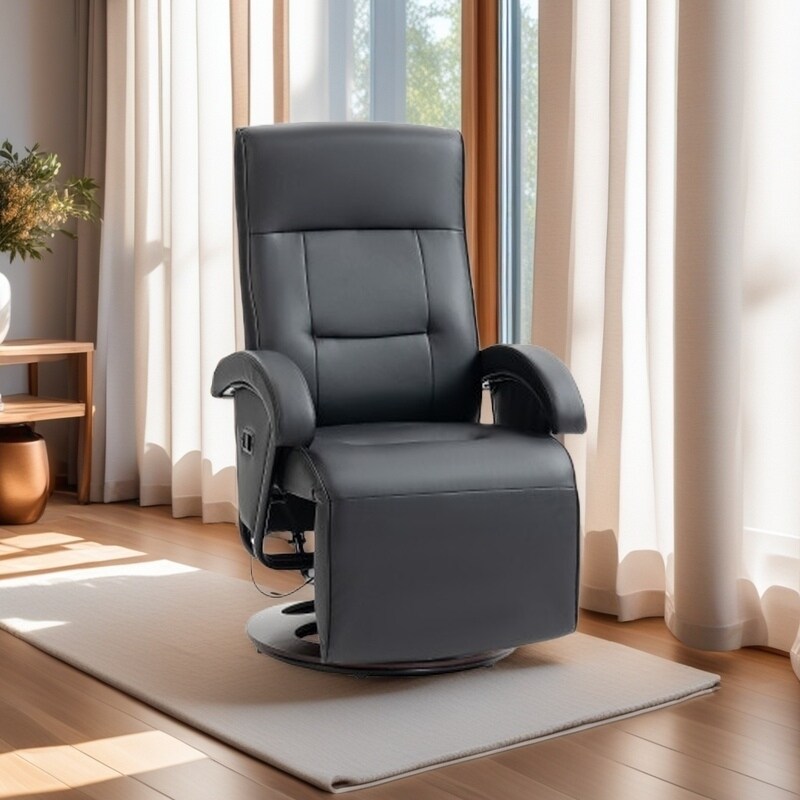Fauteuil inclinable pivotant en similicuir avec dossier réglable à 135°, repose-pieds et base en bois pour une détente optimale au salon.