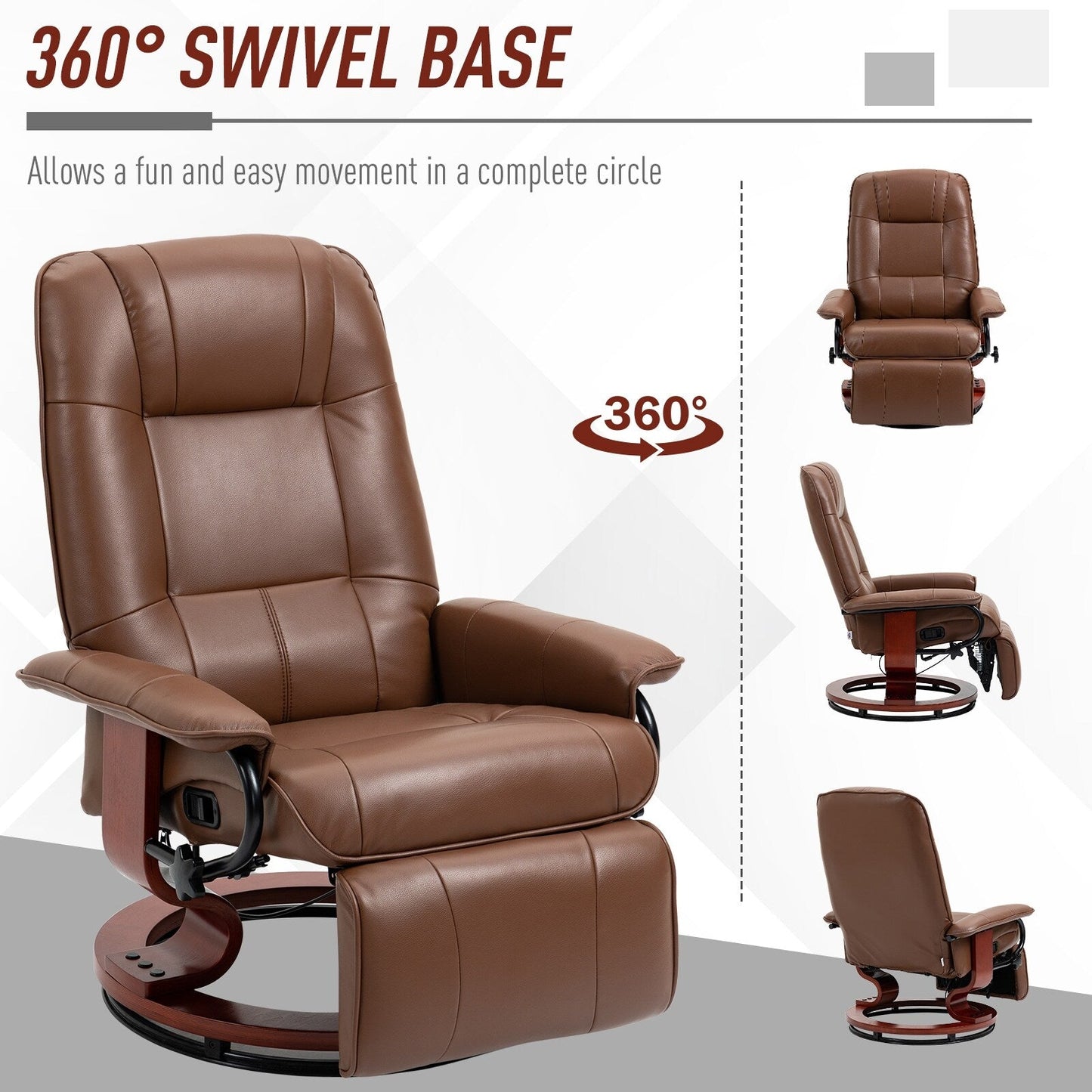 Fauteuil inclinable pivotant en cuir synthétique avec dossier réglable, repose-pieds et accoudoirs rembourrés pour un confort optimal au salon