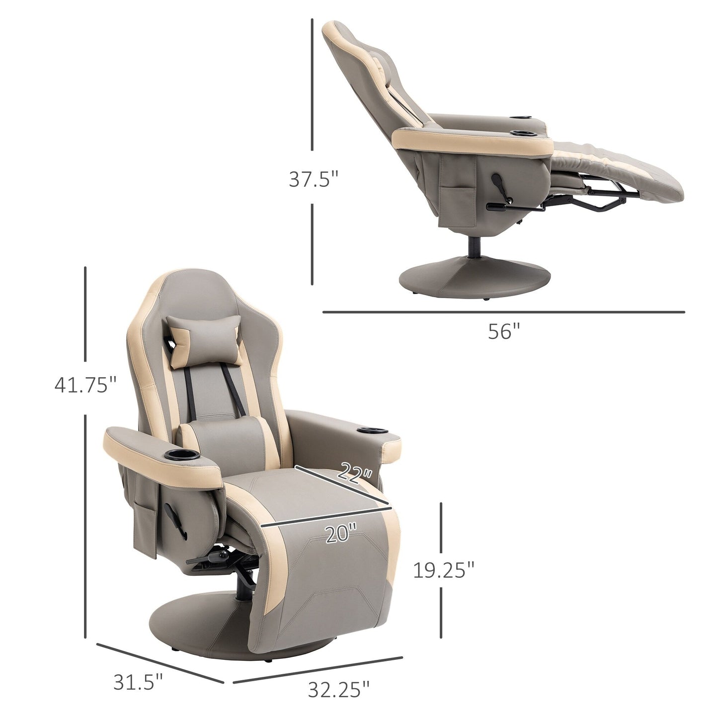 Fauteuil inclinable pivotant en cuir synthétique avec repose-jambes réglable, porte-gobelet et poche de rangement