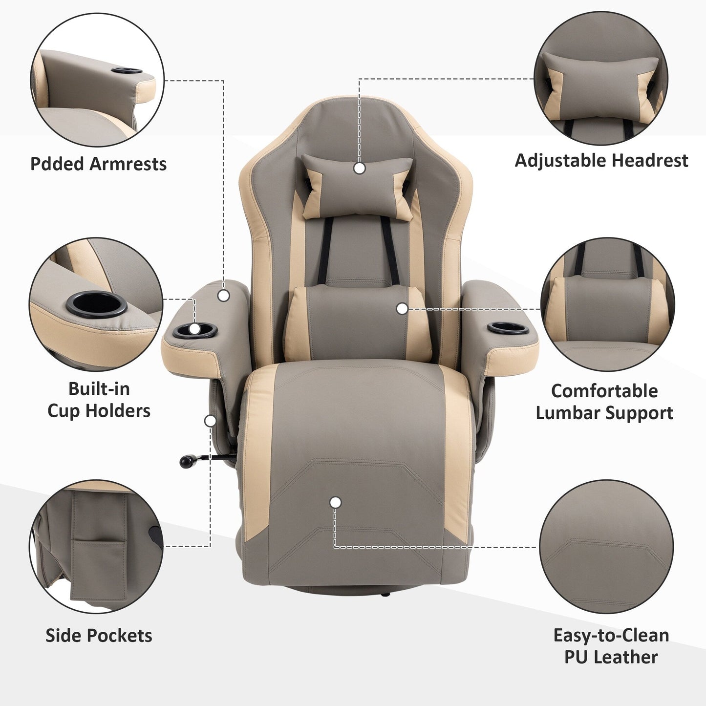 Fauteuil inclinable pivotant en cuir synthétique avec repose-jambes réglable, porte-gobelet et poche de rangement