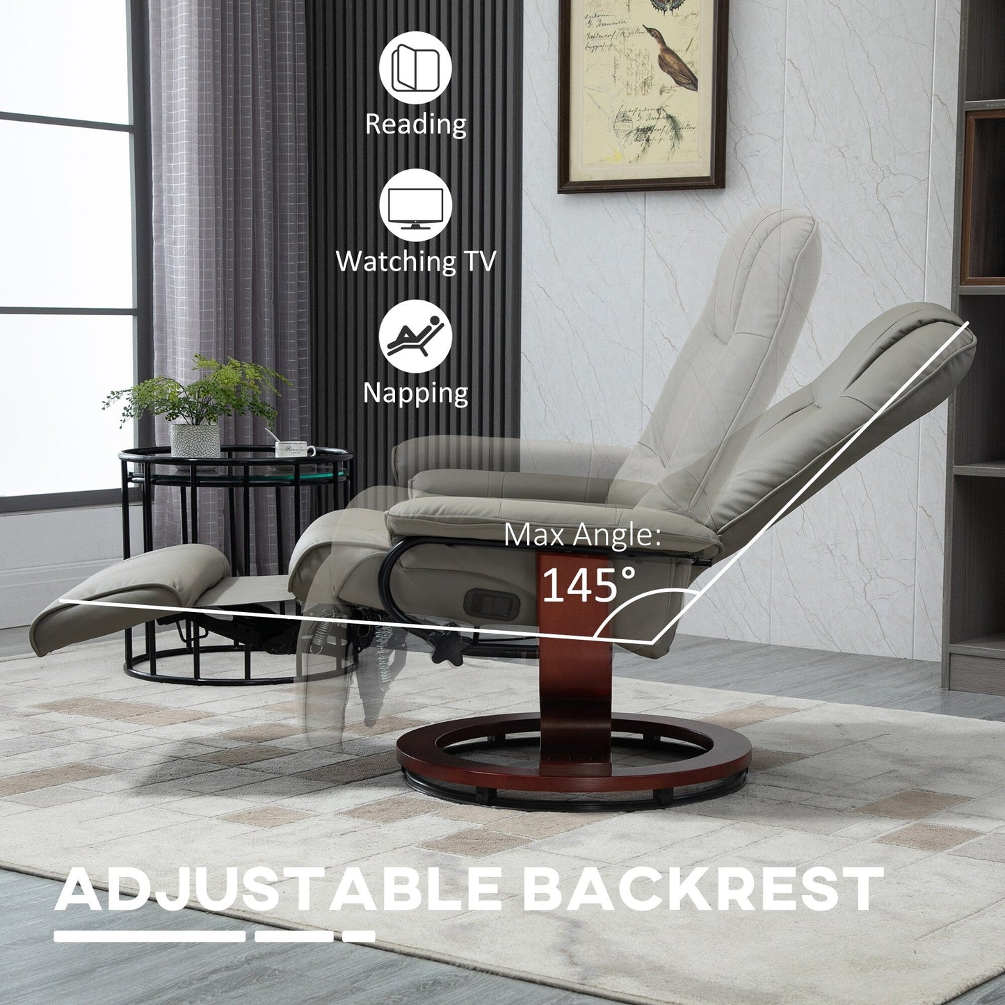 Fauteuil inclinable pivotant en similicuir avec base en bois, accoudoirs rembourrés et inclinaison manuelle