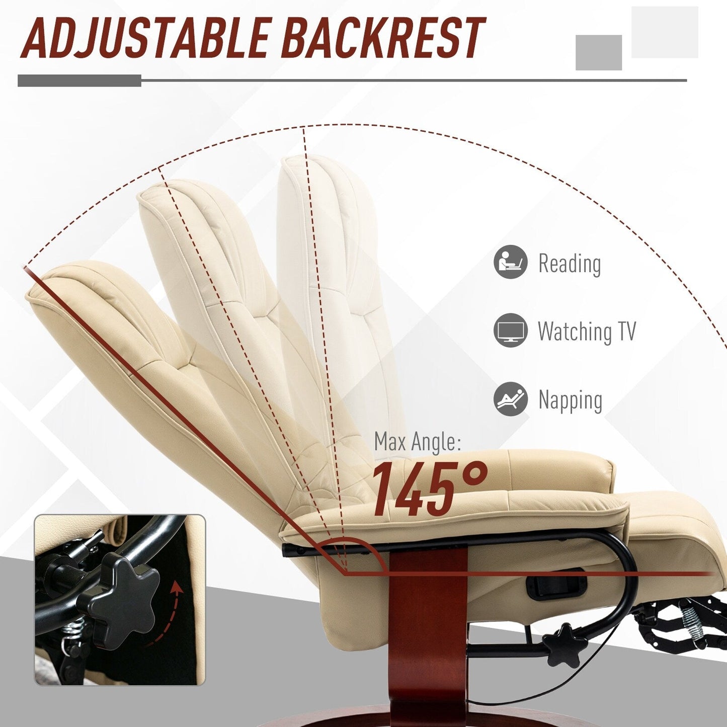 Fauteuil inclinable pivotant en similicuir avec base en bois, accoudoirs rembourrés et inclinaison manuelle