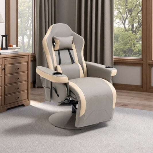 Fauteuil inclinable pivotant en cuir PU avec repose-pieds réglable, porte-gobelet intégré et poche de rangement