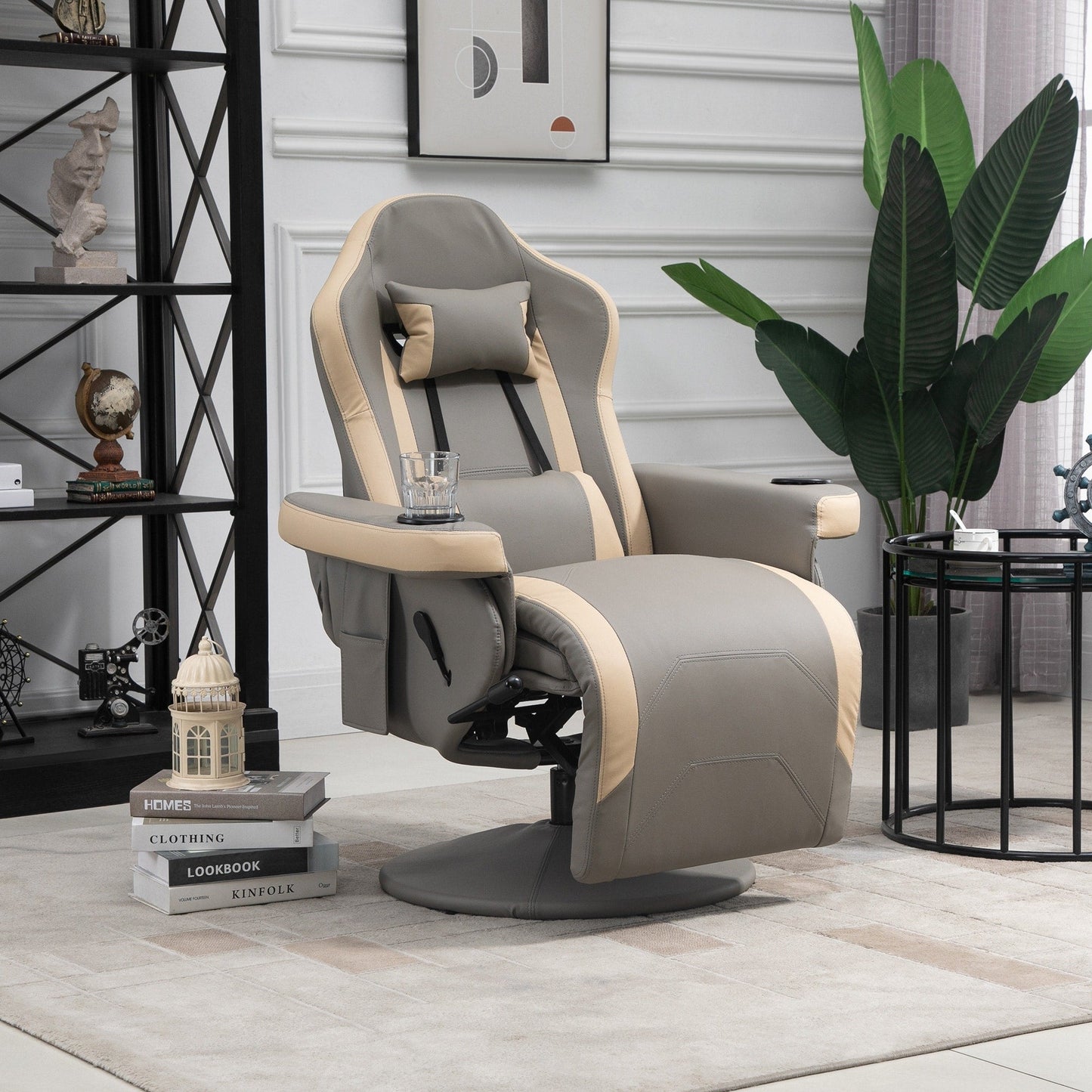 Fauteuil inclinable pivotant en cuir PU avec repose-pieds réglable, porte-gobelet intégré et poche de rangement