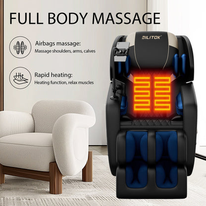 Fauteuil de massage complet en cuir PU à gravité zéro avec rouleau pour les pieds, chauffage lombaire et haut-parleurs Bluetooth