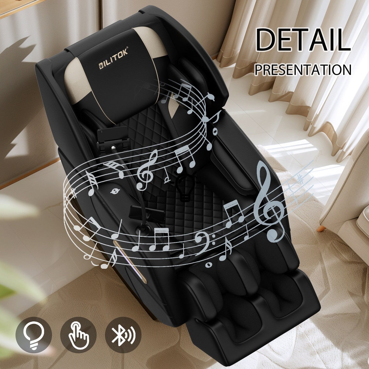 Fauteuil de massage complet en cuir PU à gravité zéro avec rouleau pour les pieds, chauffage lombaire et haut-parleurs Bluetooth