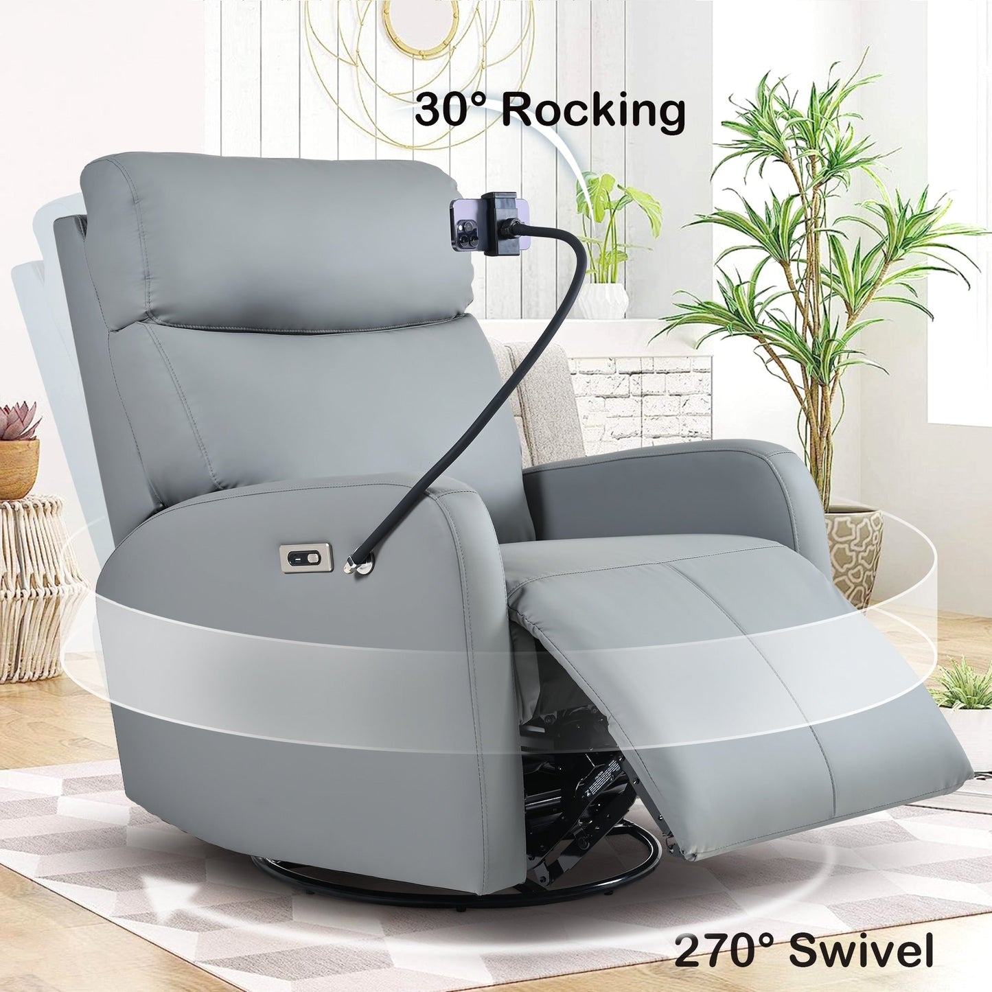 Fauteuil inclinable pivotant en polyuréthane avec rotation à 270°, inclinaison électrique de 95 à 160° et deux ports USB - Capacité de 150 kg