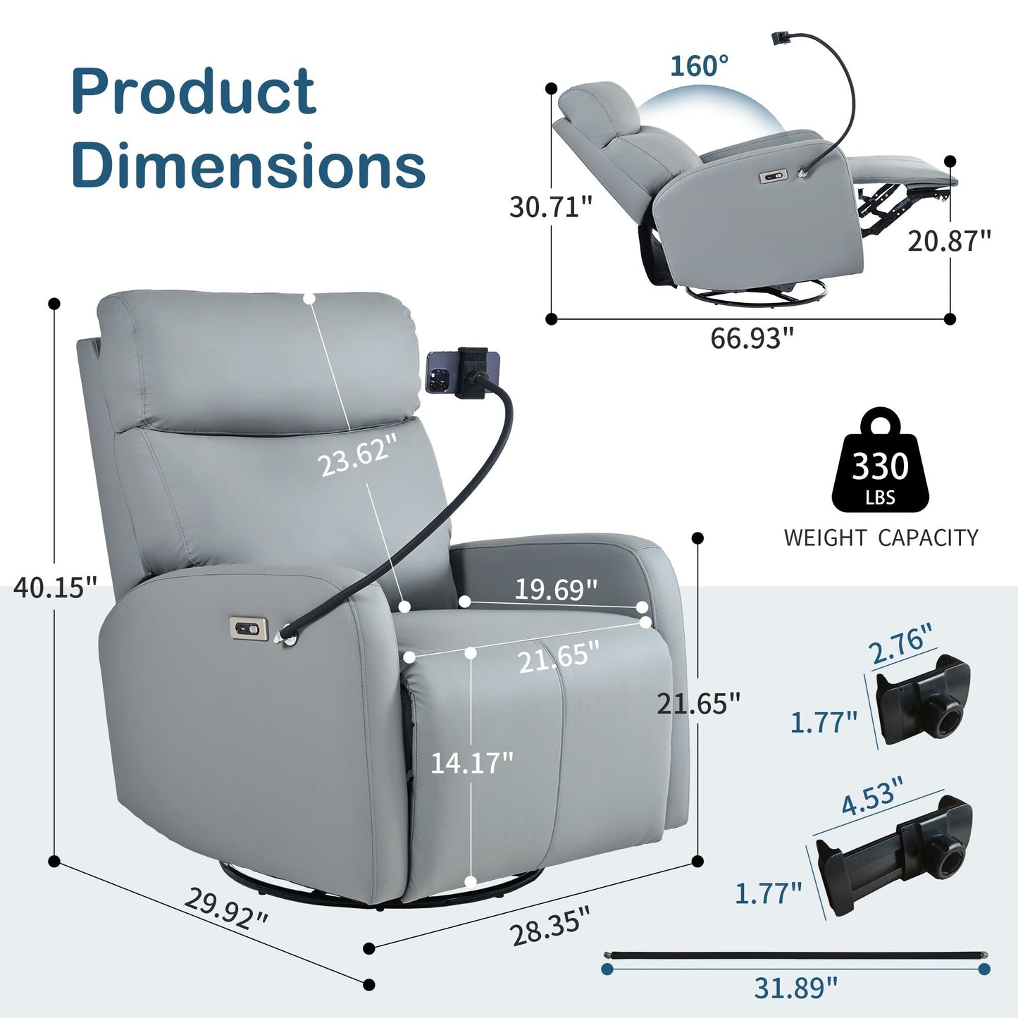 Fauteuil inclinable pivotant en polyuréthane avec rotation à 270°, inclinaison électrique de 95 à 160° et deux ports USB - Capacité de 150 kg