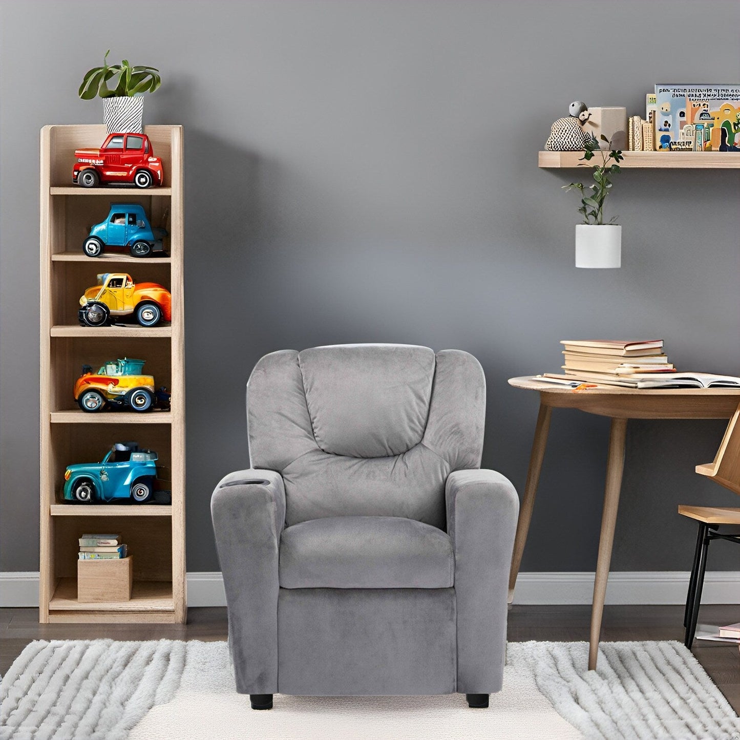 Fauteuil inclinable en PVC pour enfants avec fonction d'inclinaison par poussée, porte-gobelet et repose-pieds confortable