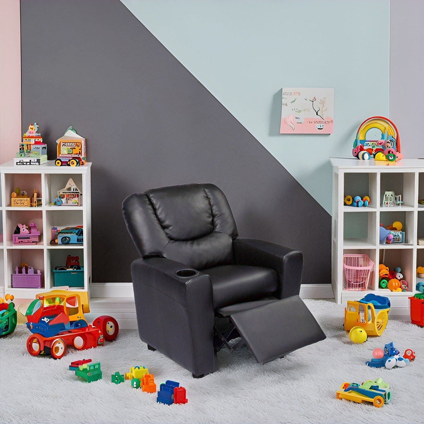 Fauteuil inclinable en PVC pour enfants avec fonction d'inclinaison par poussée, porte-gobelet et repose-pieds confortable