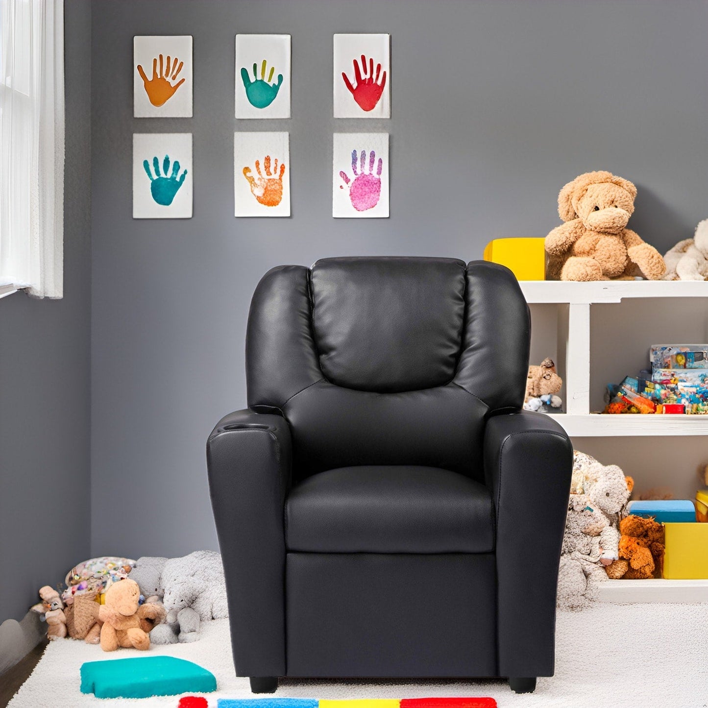 Fauteuil inclinable en PVC pour enfants avec fonction d'inclinaison par poussée, porte-gobelet et repose-pieds confortable