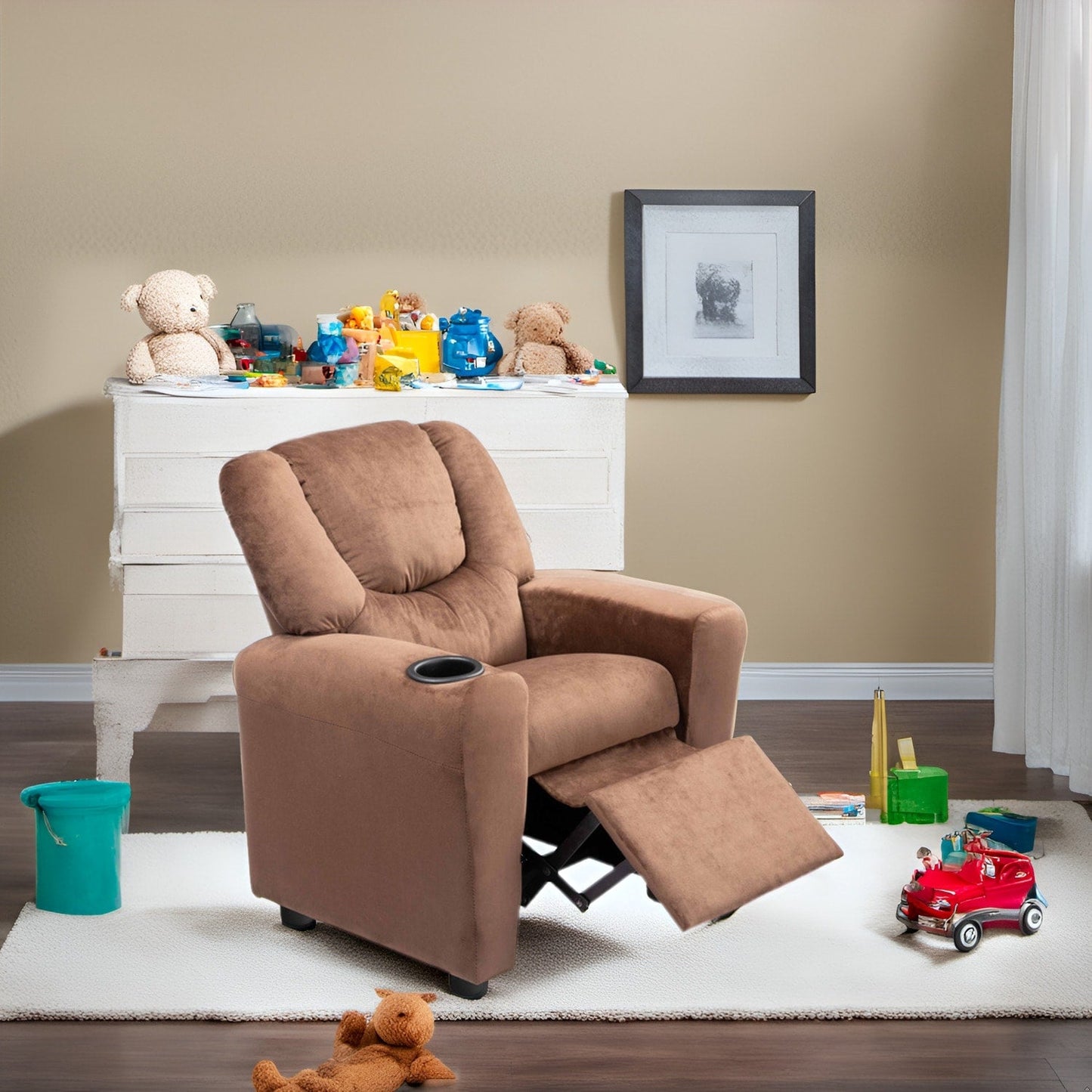 Fauteuil inclinable en PVC pour enfants avec fonction d'inclinaison par poussée, porte-gobelet et repose-pieds confortable
