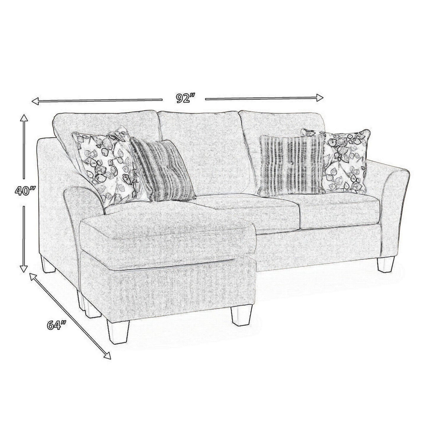 Canapé méridienne Parker L, polyester gris, 4 coussins décoratifs, 233 cm