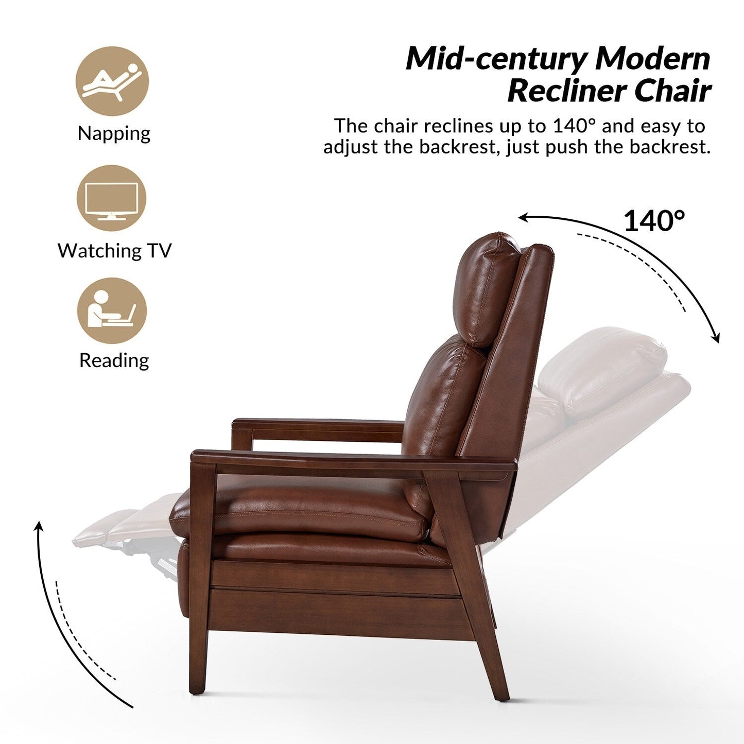 Fauteuil inclinable en bois massif et cuir végétalien Patrick du milieu du siècle par HULALA HOME