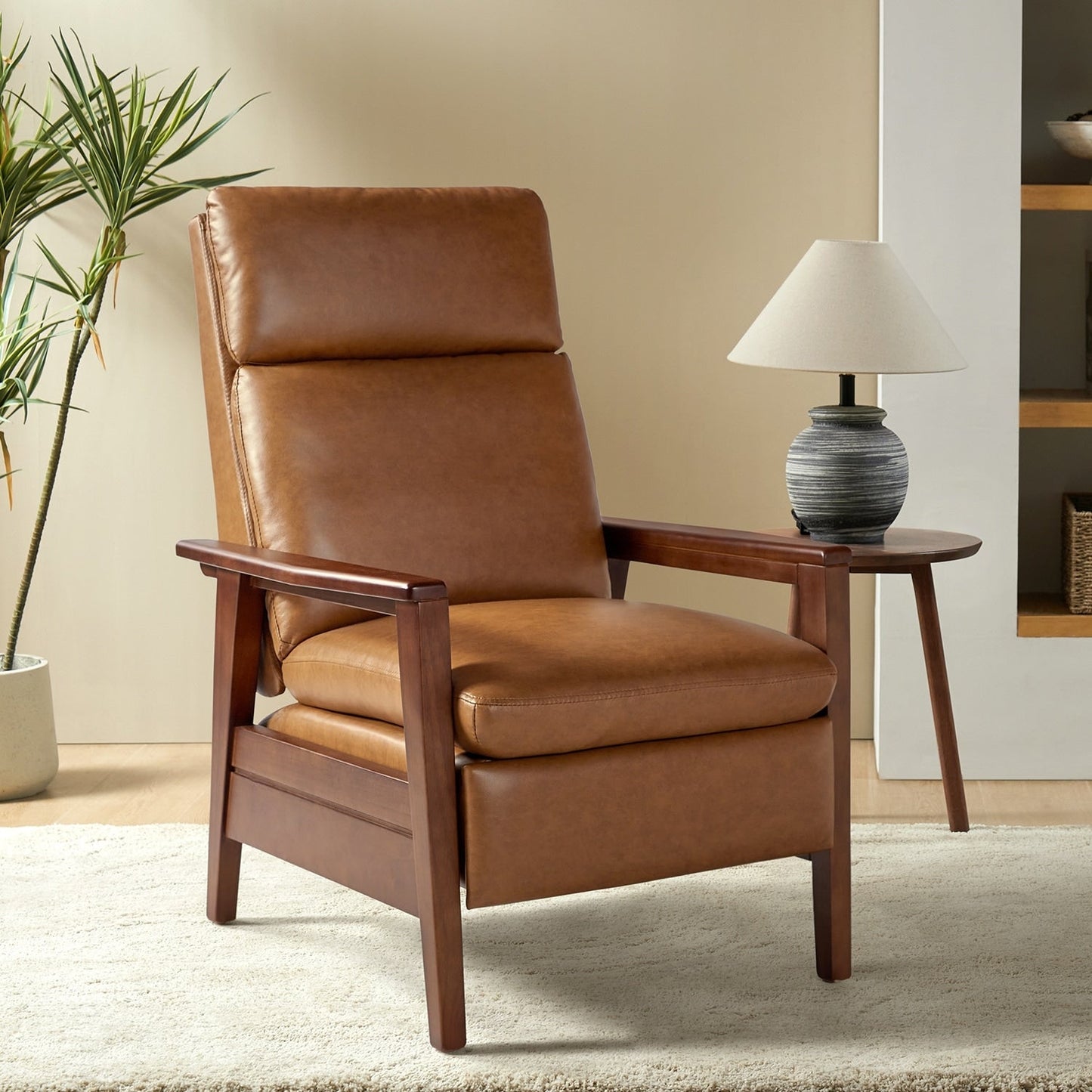 Fauteuil inclinable en bois massif et cuir végétalien Patrick du milieu du siècle par HULALA HOME