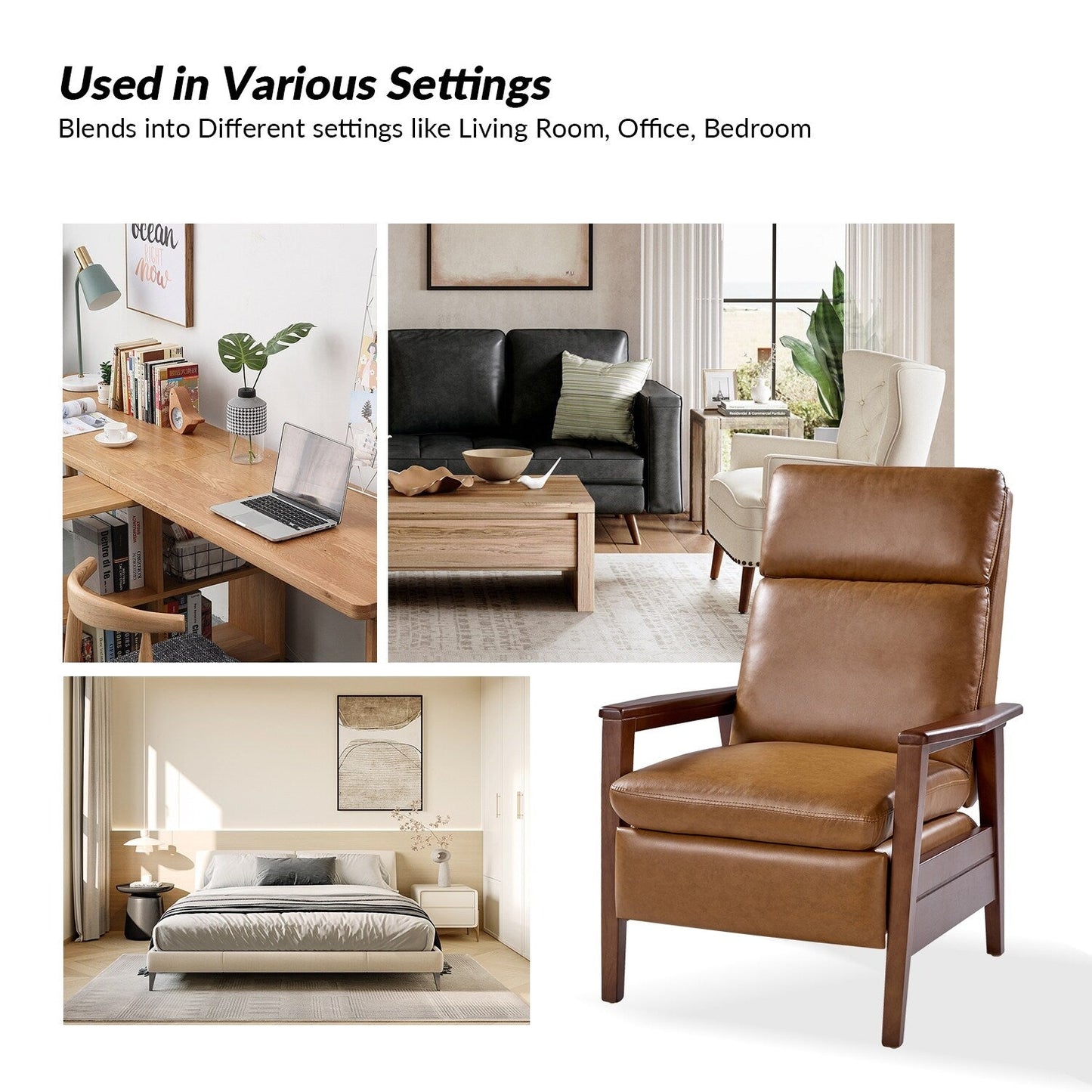 Fauteuil inclinable en bois massif et cuir végétalien Patrick du milieu du siècle par HULALA HOME