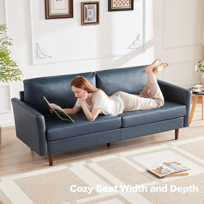 Canapé 3 places en similicuir bleu paon avec pieds en bois et coussins rembourrés