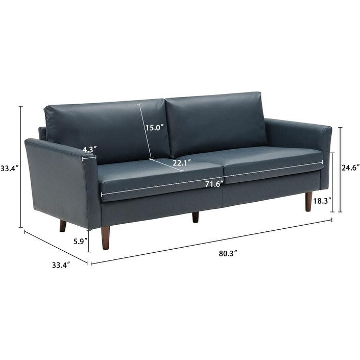 Canapé 3 places en similicuir bleu paon, style Mid-Century Modern des années 80, avec pieds en bois et coussins rembourrés, pour le salon