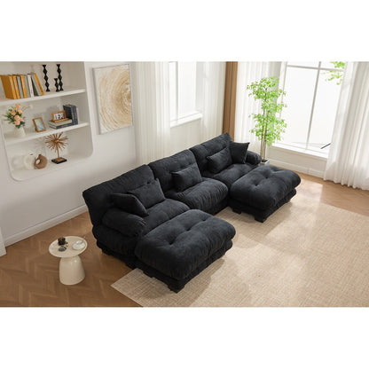 Canapé nuage en velours granulé en forme de U avec 2 poufs, canapé confortable 3 places combiné gratuit avec accoudoirs et coussins traversins