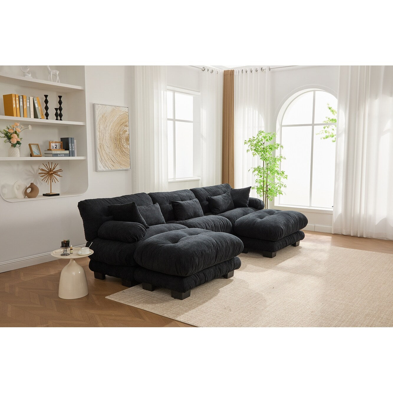 Canapé nuage en velours granulé en forme de U avec 2 poufs, canapé confortable 3 places combiné gratuit avec accoudoirs et coussins traversins