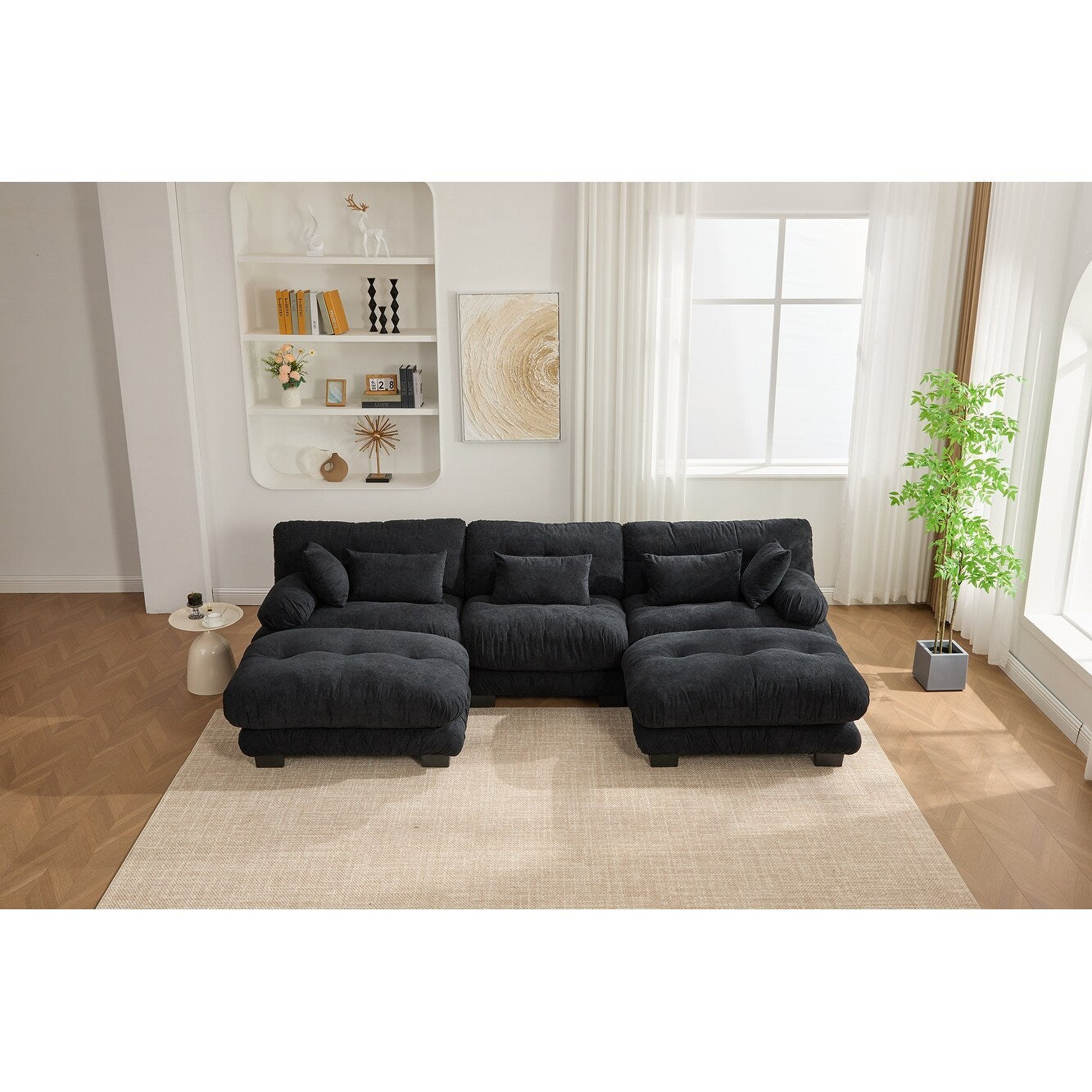 Canapé nuage en velours granulé en forme de U avec 2 poufs, canapé confortable 3 places combiné gratuit avec accoudoirs et coussins traversins