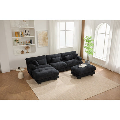 Canapé nuage en velours granulé en forme de U avec 2 poufs, canapé confortable 3 places combiné gratuit avec accoudoirs et coussins traversins