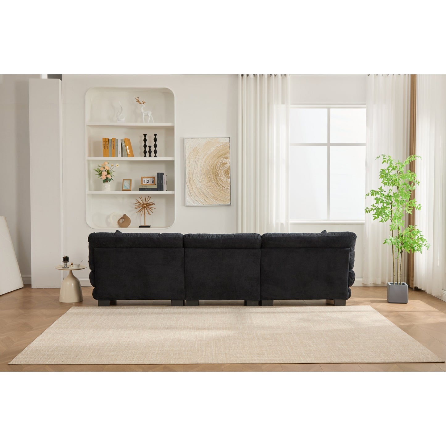 Canapé nuage en velours granulé en forme de U avec 2 poufs, canapé confortable 3 places combiné gratuit avec accoudoirs et coussins traversins