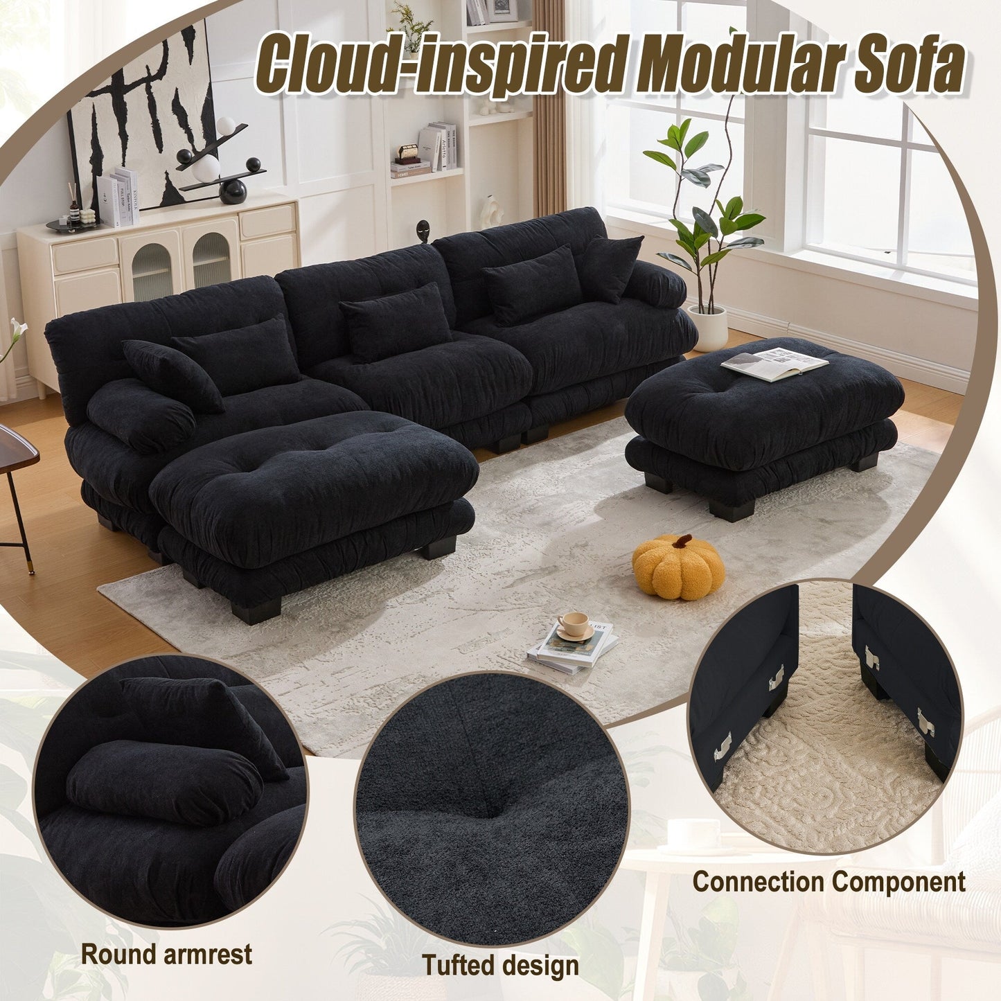 Canapé nuage en velours granulé en forme de U avec 2 poufs, canapé confortable 3 places combiné gratuit avec accoudoirs et coussins traversins