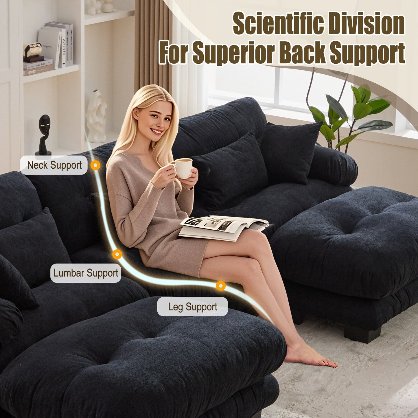 Canapé nuage en velours granulé en forme de U avec 2 poufs, canapé confortable 3 places combiné gratuit avec accoudoirs et coussins traversins