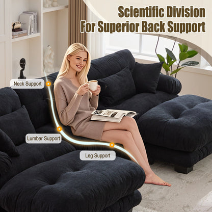 Canapé nuage en velours granulé en forme de U avec 2 poufs, canapé confortable 3 places combiné gratuit avec accoudoirs et coussins traversins