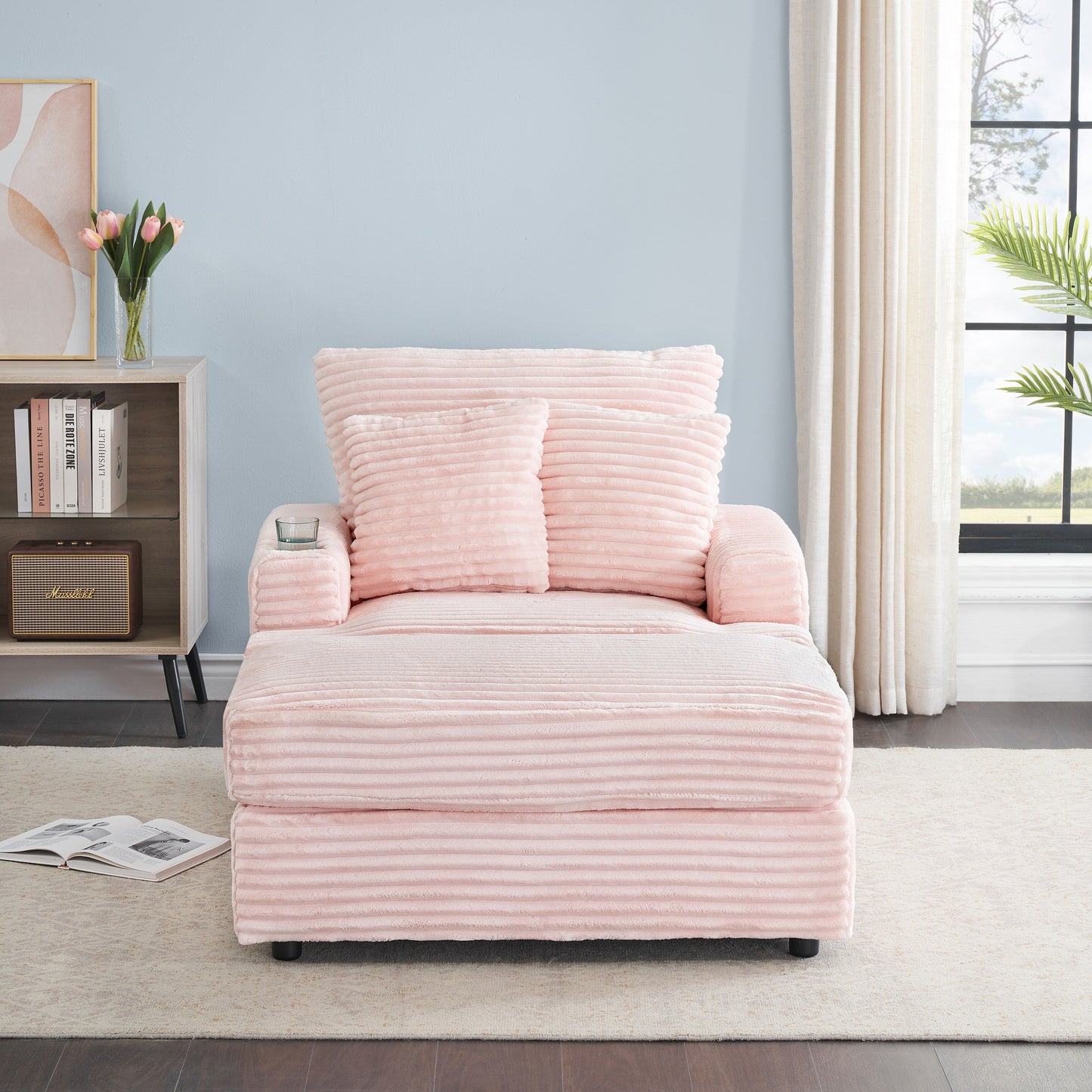 Fauteuil-canapé simple rembourré en velours côtelé rose 39,37 po avec pouf et porte-gobelet pour le salon