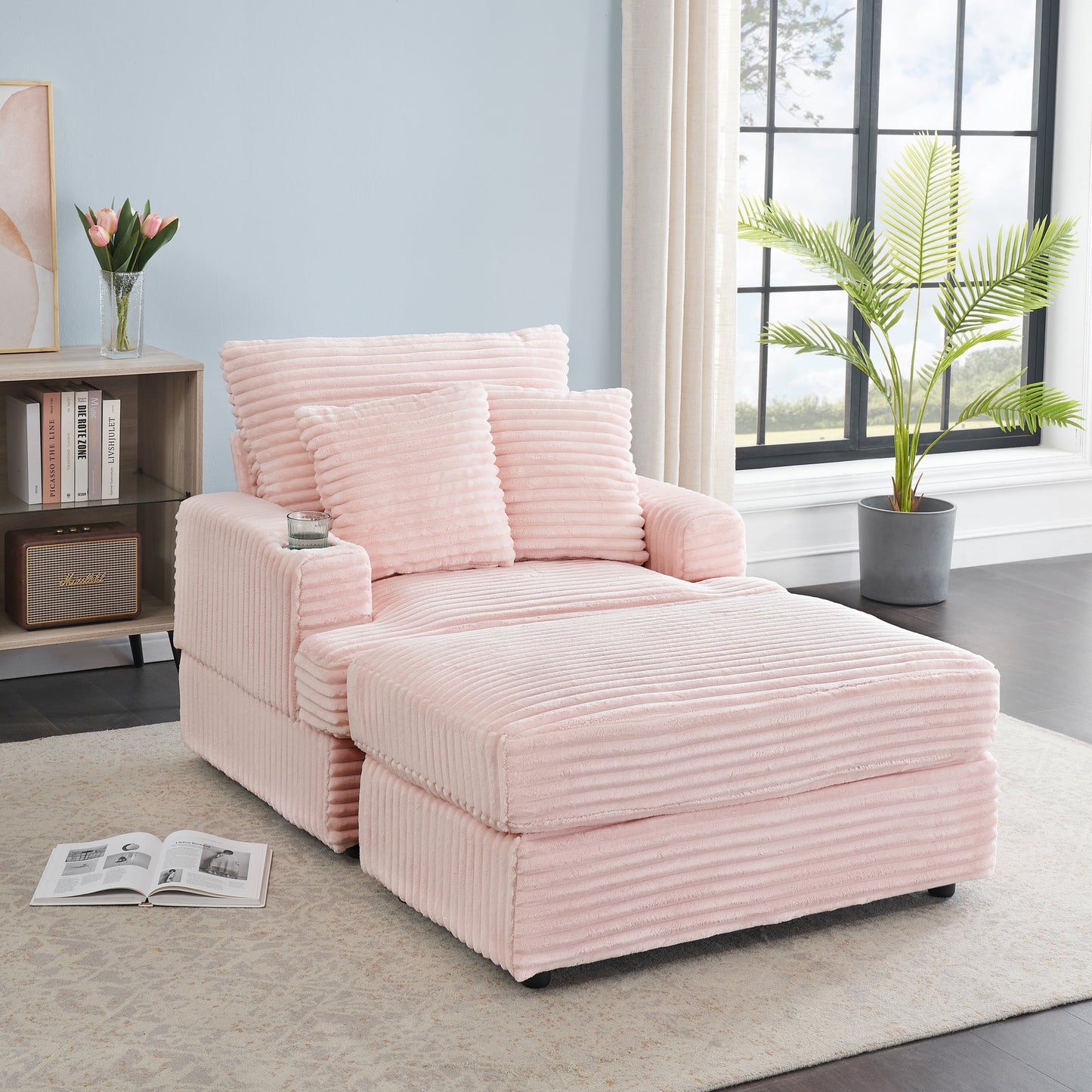 Fauteuil-canapé simple rembourré en velours côtelé rose 39,37 po avec pouf et porte-gobelet pour le salon