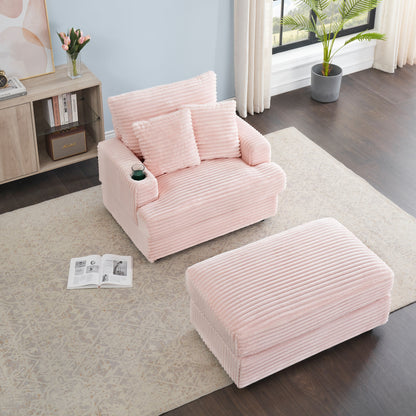 Fauteuil-canapé simple rembourré en velours côtelé rose 39,37 po avec pouf et porte-gobelet pour le salon