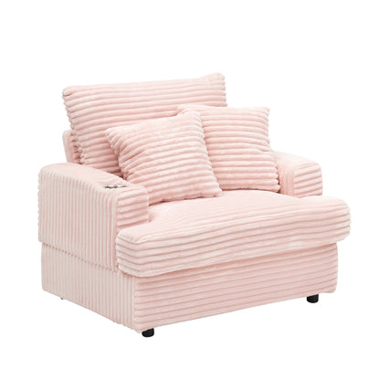 Fauteuil-canapé simple rembourré en velours côtelé rose 39,37 po avec pouf et porte-gobelet pour le salon