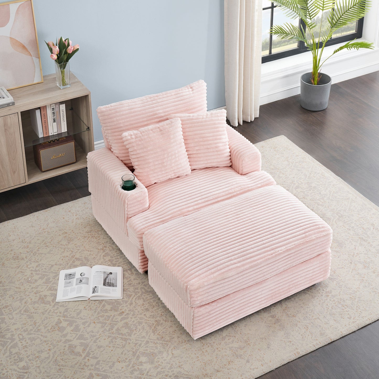 Fauteuil-canapé simple rembourré en velours côtelé rose 39,37 po avec pouf et porte-gobelet pour le salon