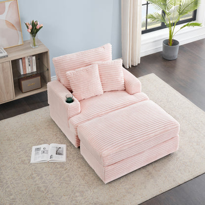 Fauteuil-canapé simple rembourré en velours côtelé rose 39,37 po avec pouf et porte-gobelet pour le salon