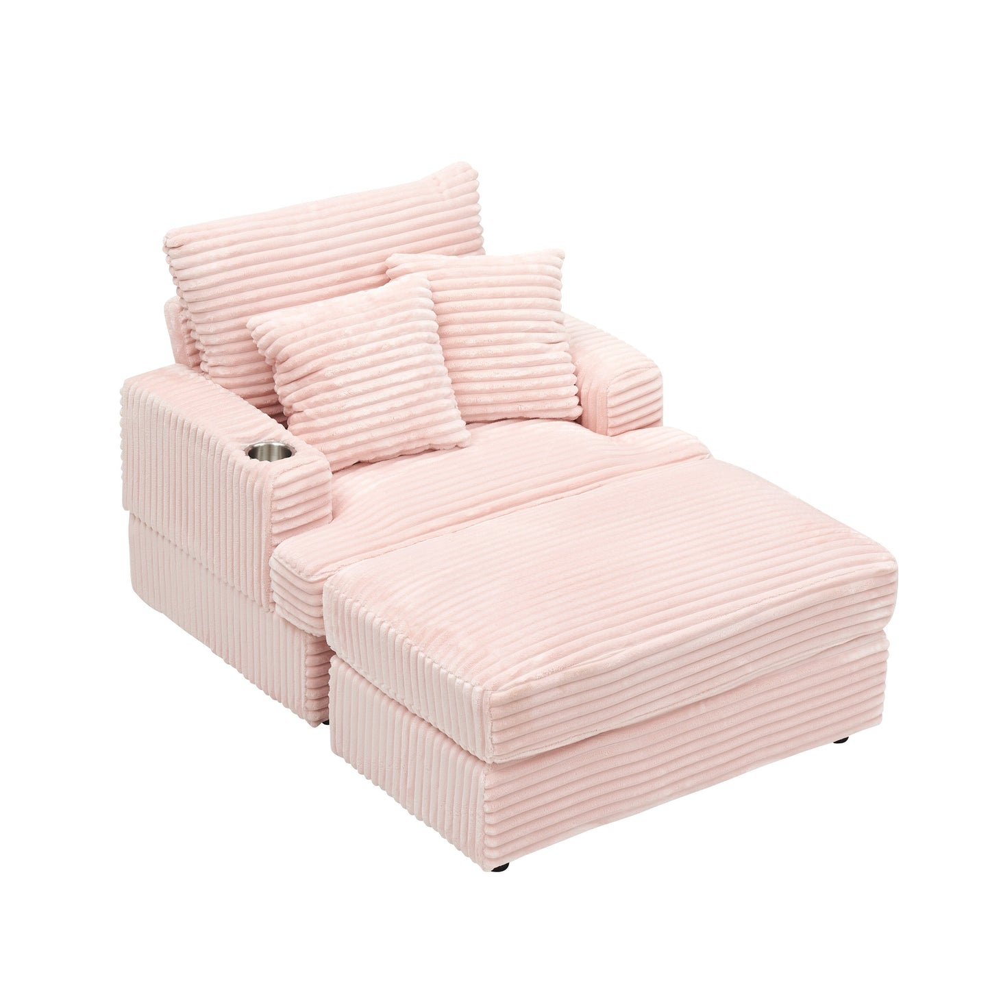 Fauteuil-canapé simple rembourré en velours côtelé rose 39,37 po avec pouf et porte-gobelet pour le salon