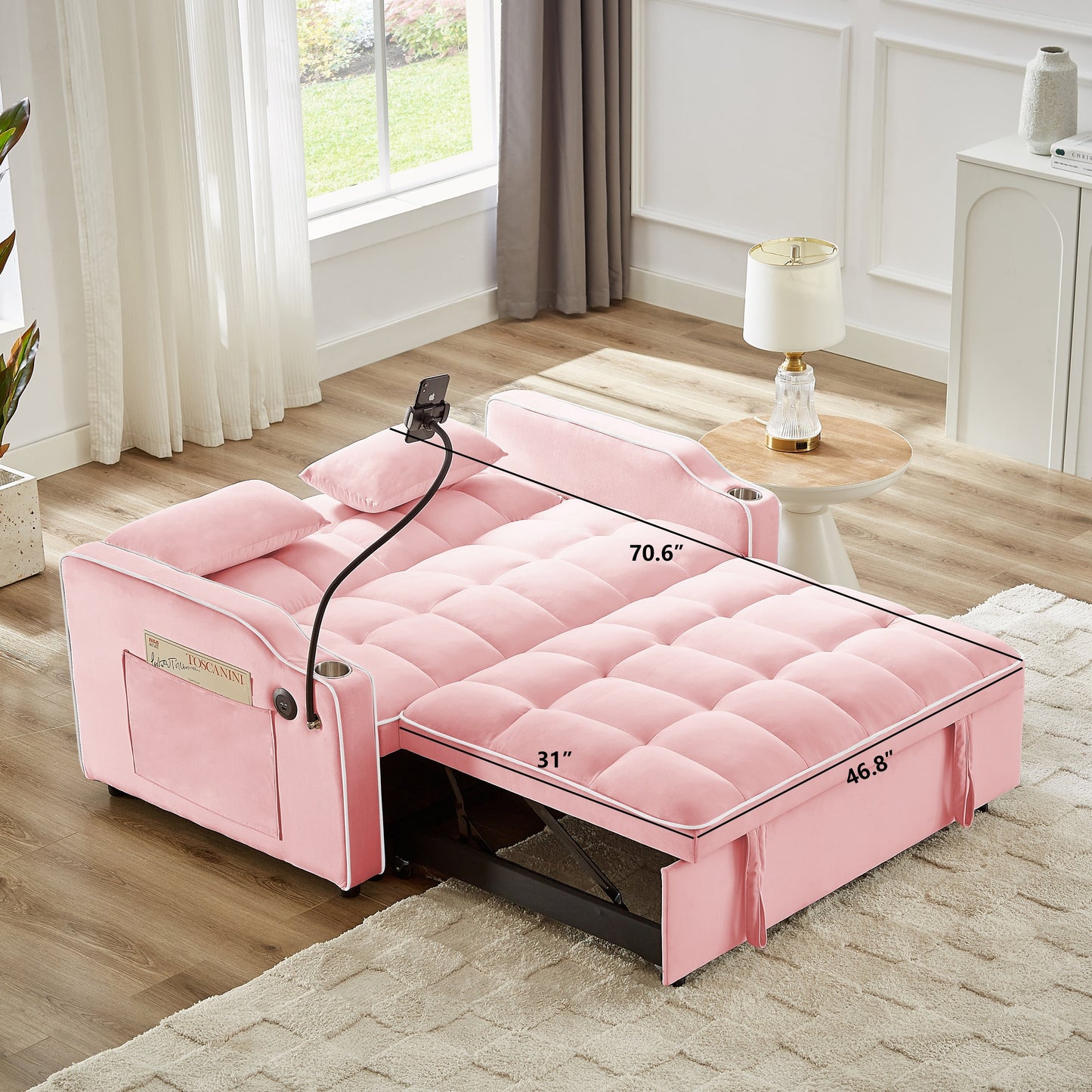 Canapé convertible en velours rose 54,7 avec ports USB et support pour téléphone