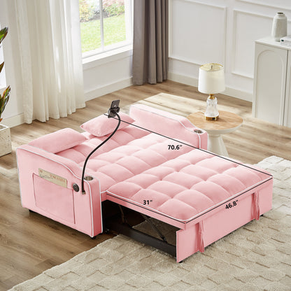 Canapé convertible en velours rose 54,7 avec ports USB et support pour téléphone