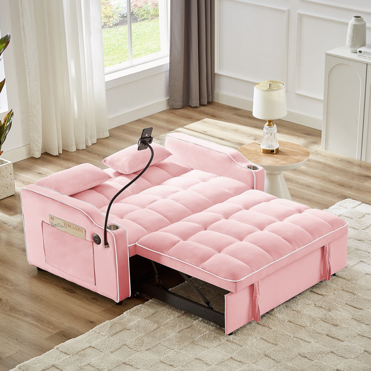 Canapé convertible en velours rose 54,7 avec ports USB et support pour téléphone