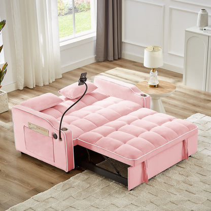 Canapé convertible en velours rose 54,7 avec ports USB et support pour téléphone