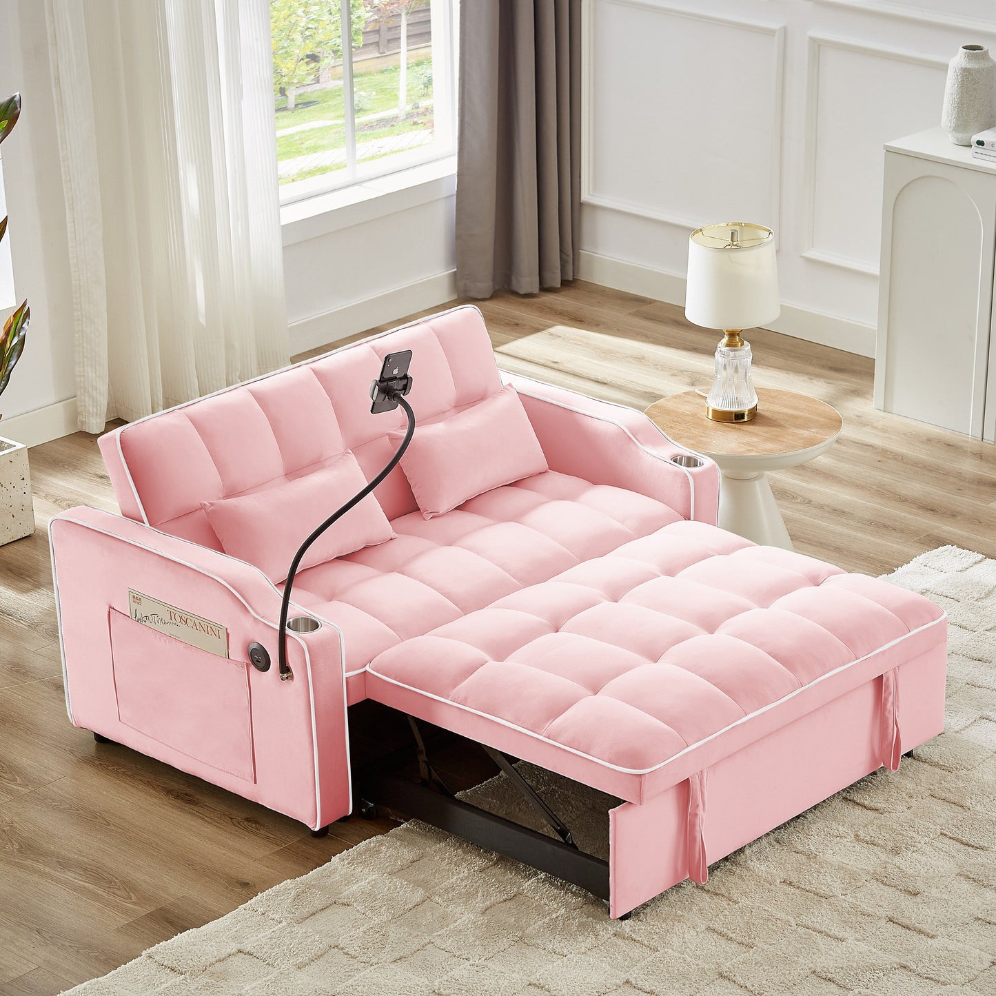 Canapé convertible en velours rose 54,7 avec ports USB et support pour téléphone