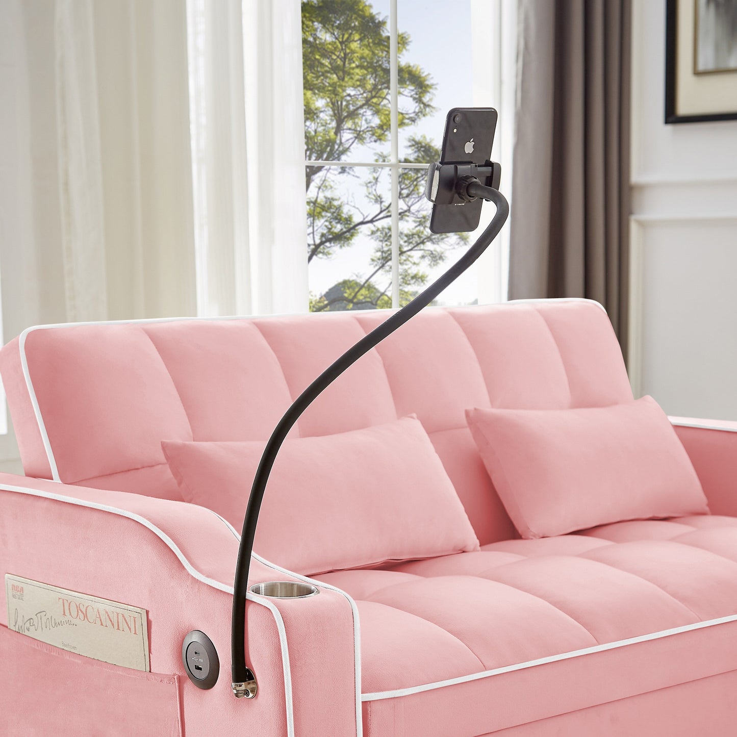 Canapé convertible en velours rose 54,7 avec ports USB et support pour téléphone