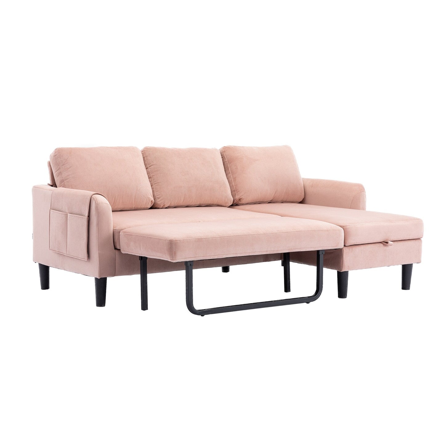 Canapé sectionnel rose en polyester 72,4 avec lit gigogne, méridienne de rangement et 3 coussins décoratifs