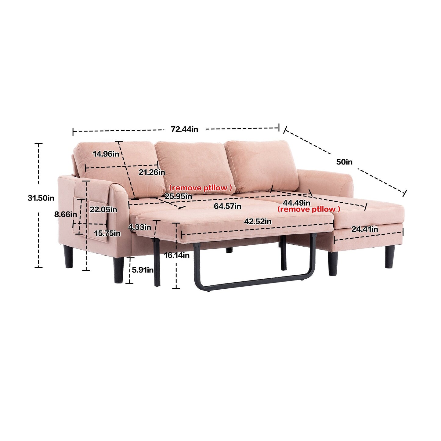 Canapé sectionnel 3 places rose en polyester de 72,4 pouces avec lit gigogne, méridienne de rangement et 3 coussins décoratifs