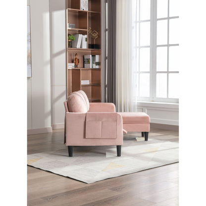 Canapé sectionnel 3 places rose en polyester de 72,4 pouces avec lit gigogne, méridienne de rangement et 3 coussins décoratifs