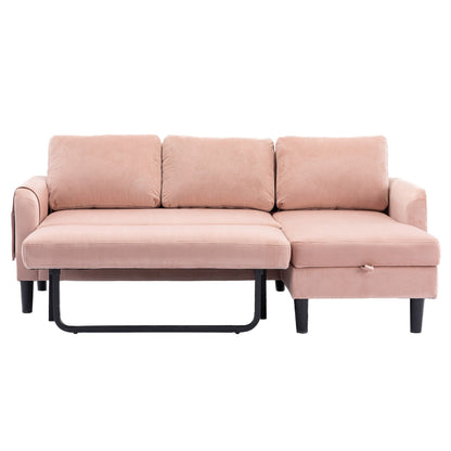 Canapé sectionnel 3 places en polyester rose de 72,4 po avec méridienne de rangement et lit gigogne