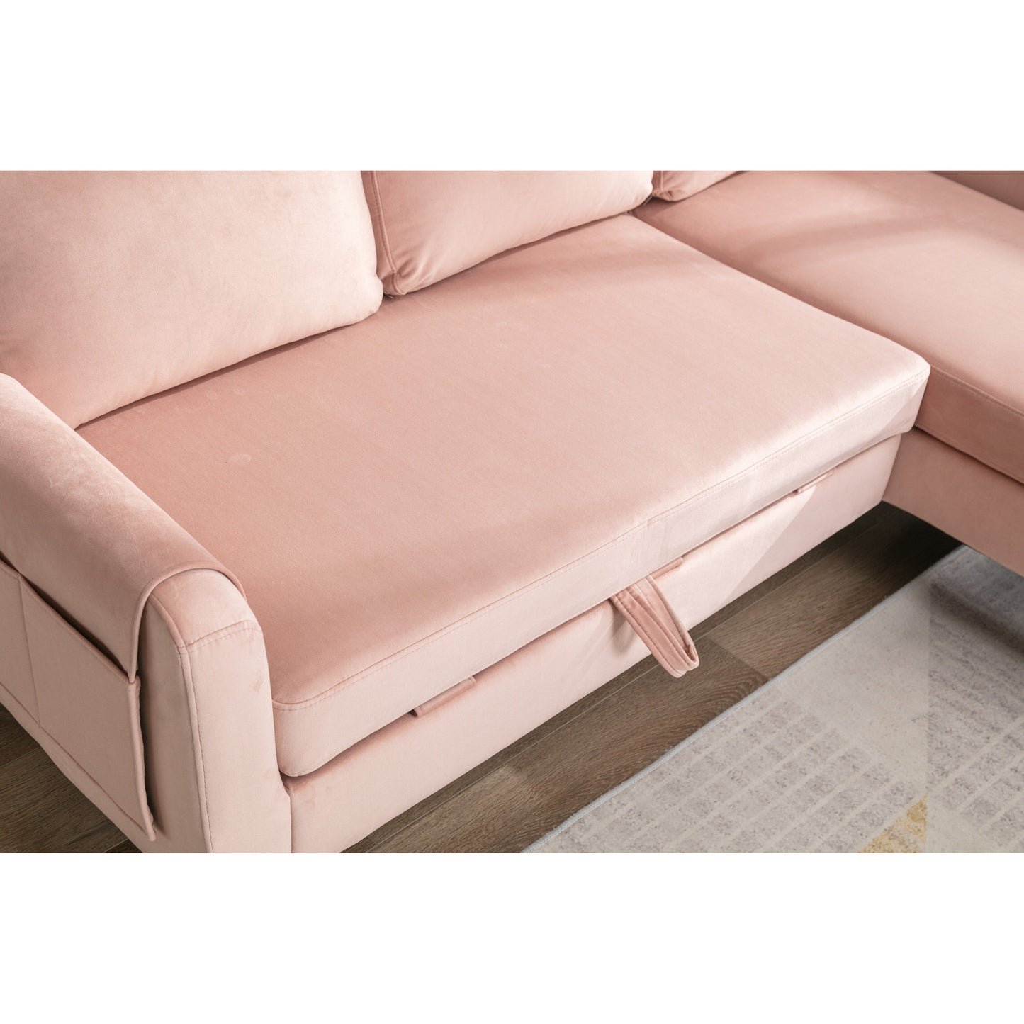 Canapé sectionnel 3 places en polyester rose de 72,4 po avec méridienne de rangement et lit gigogne