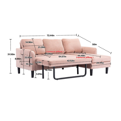Canapé sectionnel rose en polyester de 72,4 po avec lit gigogne